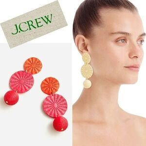 New! J. Crew Raffia Straw Bohemian Tripe Drop Orange Pink Red Earrings